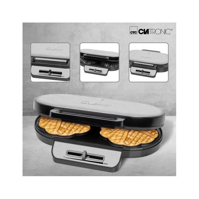 Clatronic 263934 Piastra per Waffle 2 Waffle in Forma di Cuore 1200 W Piastre Antiaderenti Termostato Regolabile colore Grigio-Argento