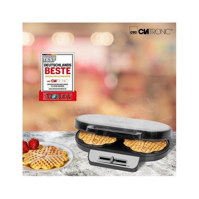 Clatronic 263934 Piastra per Waffle 2 Waffle in Forma di Cuore 1200 W Piastre Antiaderenti Termostato Regolabile colore Grigio-Argento