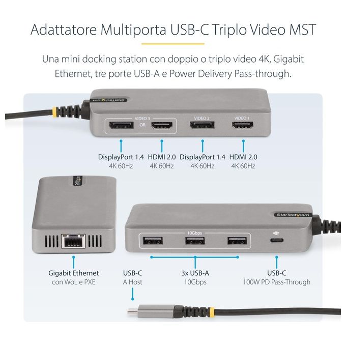 StarTech 117B-USBC-MULTIPORT Docking Station USB-C Multiporta 2x 4K 60Hz HDMI DisplayPort Hub USB 3 Porte 10Gbps GbE PD 100W