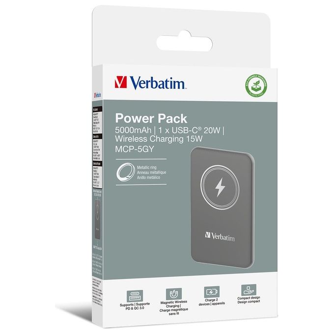 Verbatim Charge 'n' Go Power Bank 5000mah Magnetica Wireless Grigia