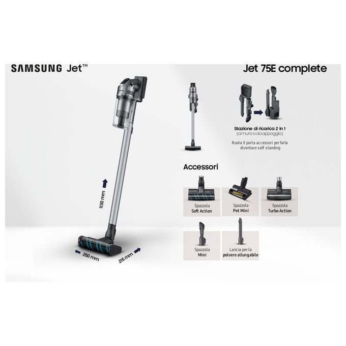 Samsung VS20B75ACR5 Jet 75E Aspirapolvere senza filo Multiciclonico 0,8 L 200W 60 min 86 dB colore Argento