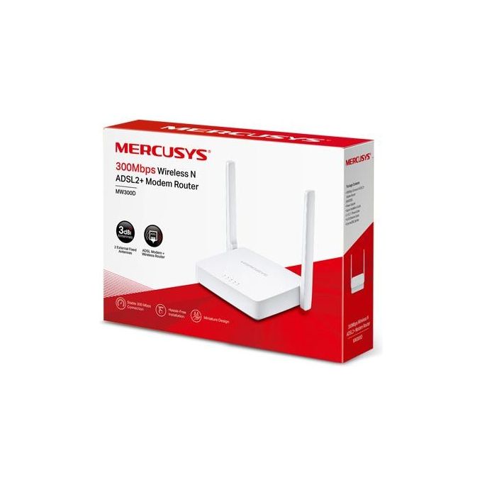 Mercusys MW300D Modem Router ADSL2+ Wi-Fi N300 Banda Singola 2.4 GHz 3 Porte LAN 10-100 Mbps 2 Antenne Esterne colore Bianco