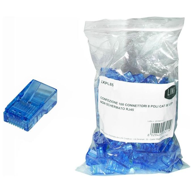 Link Confezione 100 Connettori 8 Poli Cat 5e Utp non Schermato Rj45 Blu