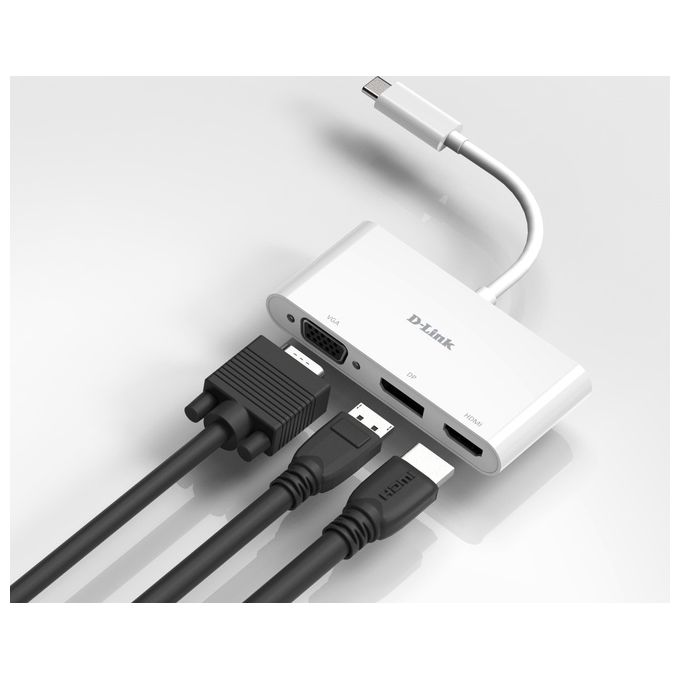 D-Link DUB-V310 Adattatore USB tipo C a HDMI, VGA e Display Port, 3 in 1, HDMI 4K e 1080p, 3 Uscite Simultanee, Compatibile con Windows e Mac