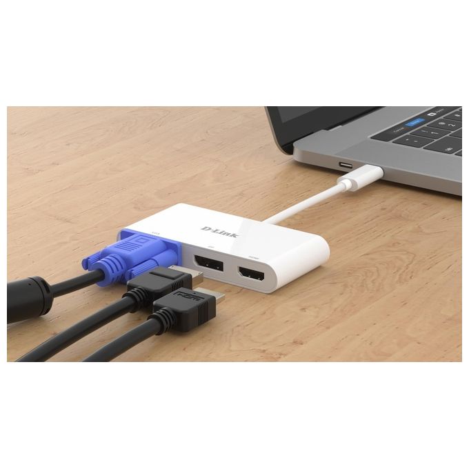 D-Link DUB-V310 Adattatore USB tipo C a HDMI, VGA e Display Port, 3 in 1, HDMI 4K e 1080p, 3 Uscite Simultanee, Compatibile con Windows e Mac