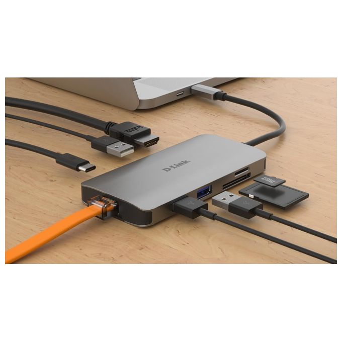 D-Link DUB-M810 Hub USB di Tipo C, 8 in 1, Adattatore USB C con HDMI 4K e 1080p, 2 Porte USB 3.0-USB 2.0, Lettore di Schede SD e microSD, Porta Rete RJ45 1 Gbps, 1 x USB C di Ricarica fino a 100 W