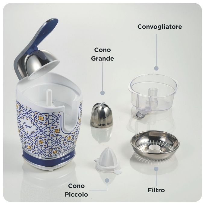 Ariete 0413-0C Capri Spremiagrumi Elettrico con Leva 85W 2 Coni Beccuccio Salvagoccia colore Bianco Azzurro