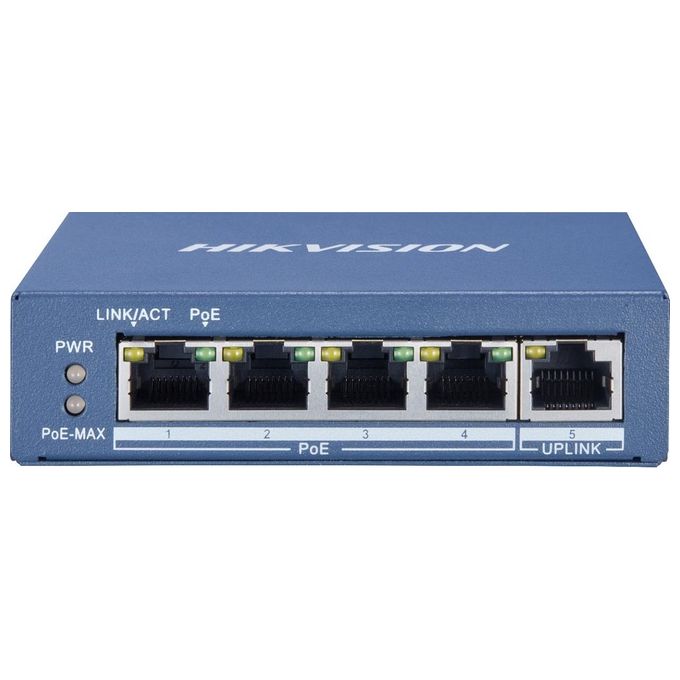 Hikvision DS-3E0505P-E-M Switch Non Gestito L2 5 Porte Gigabit 4 Porte PoE+ 802.3at 35W Fanless colore Blu