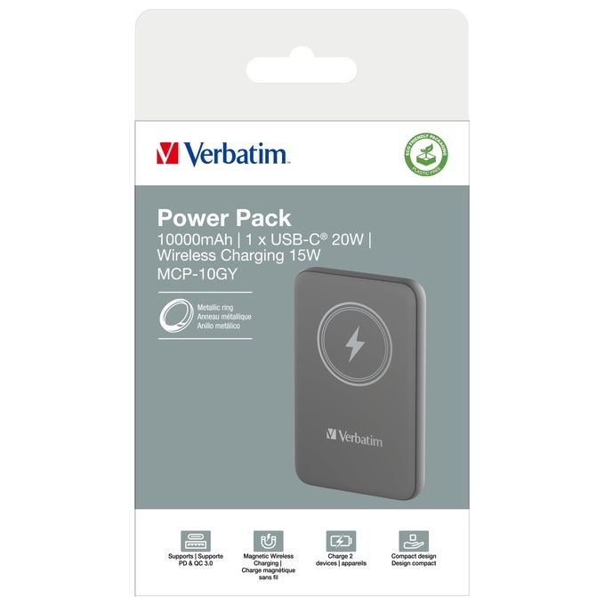 Verbatim 1261539 Charge 'n' Go Power Bank 10000 mAh con Ricarica Wireless Magnetica 15 W e USB-C PD 3.0 colore Grigio