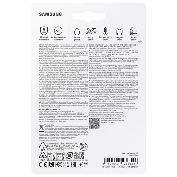 Samsung MUF-128AB-APC Flash Drive FIT Plus 128 GB USB tipo A 3.2 Gen 1 Velocita' lettura 400 MB-s colore Grigio Argento