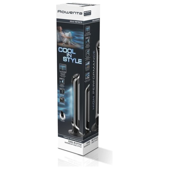 Rowenta VU6670 Eole Infinite Ventilatore a Torre con Oscillazione a 180 Gradi 3 Velocita' Timer 8h e Spegnimento Automatico in Nero