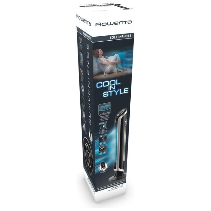 Rowenta VU6670 Eole Infinite Ventilatore a Torre con Oscillazione a 180 Gradi 3 Velocita' Timer 8h e Spegnimento Automatico in Nero