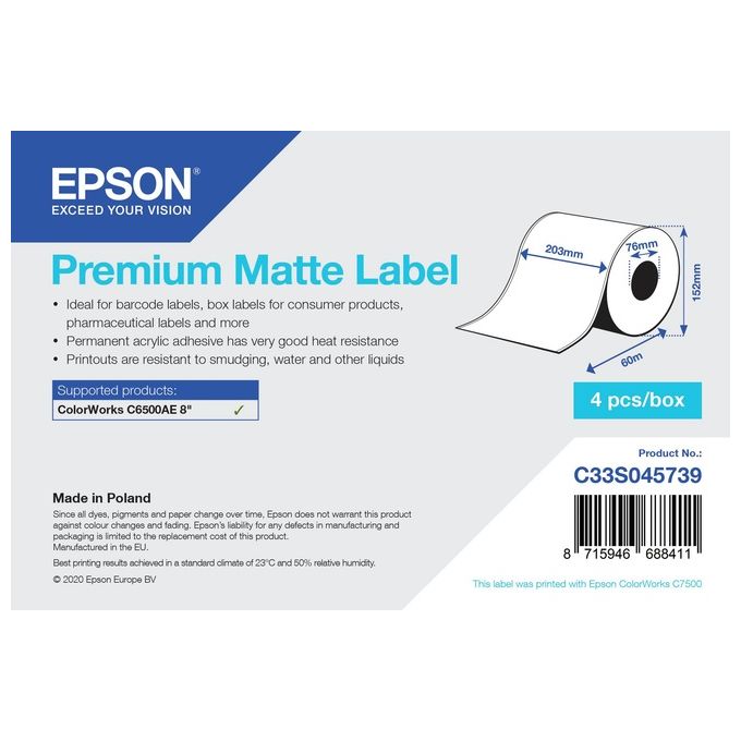 Epson C33S045739 Premium Matte Label Etichetta Continua 203 mm x 60 m con Adesivo Permanente Acrilico per Stampa a Getto d'Inchiostro colore Bianco