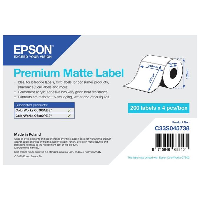 Epson C33S045738 Premium Matte Label Etichetta Autoadesiva Fustellata 210mm x 297mm 200 pz colore Bianco