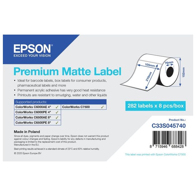 Epson Premium Matte Label Die-Cut Roll 105mmx210mm 282 Labels