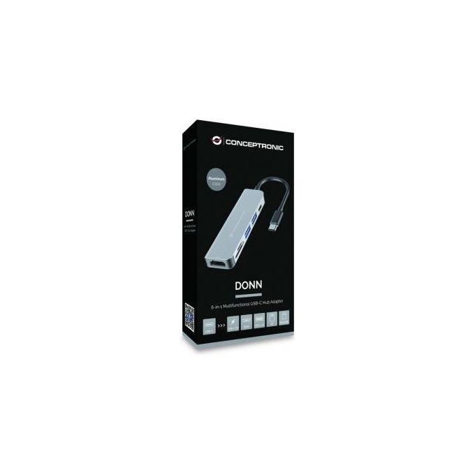 Conceptronic DONN02G Hub USB-C 6 in 1 HDMI 4K 2x USB-A 3.0 USB-C PD 60W Lettore SD microSD colore Alluminio