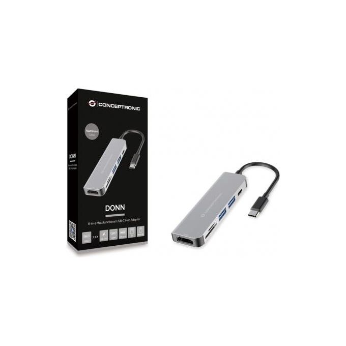 Conceptronic DONN02G Hub USB-C 6 in 1 HDMI 4K 2x USB-A 3.0 USB-C PD 60W Lettore SD microSD colore Alluminio