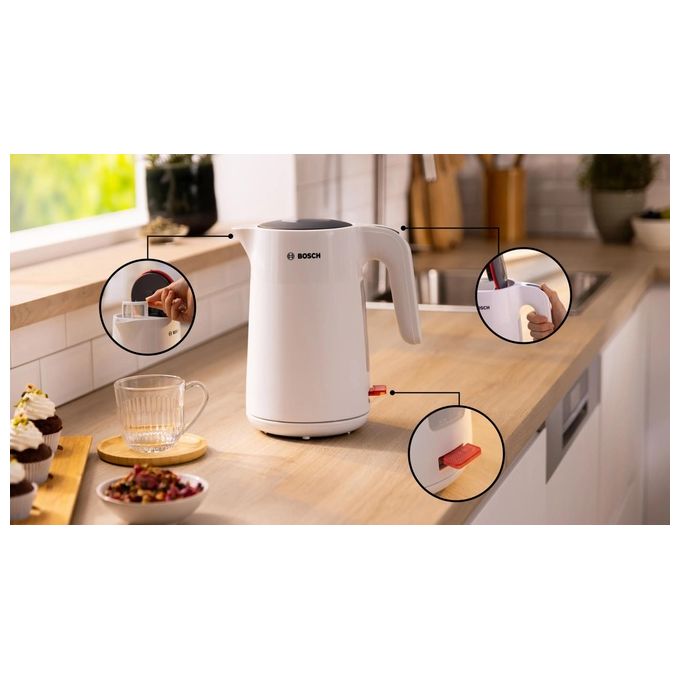 BOSCH TWK2M161 MyMoment Bollitore Elettrico 1,7 L 2400 W Base Girevole Spegnimento Automatico Protezione Surriscaldamento colore Bianco