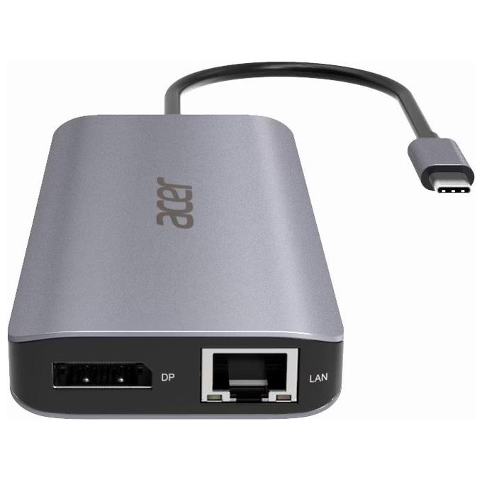 Acer HP.DSCAB.009 12-in-1 Type-C Dongle Multiporta con 2 HDMI 2 USB 3.2 Gen 1 2 USB 2.0 DisplayPort Ethernet Gigabit Lettore SD-MicroSD Uscita Audio 3.5 mm Power Delivery 100 W colore Argento