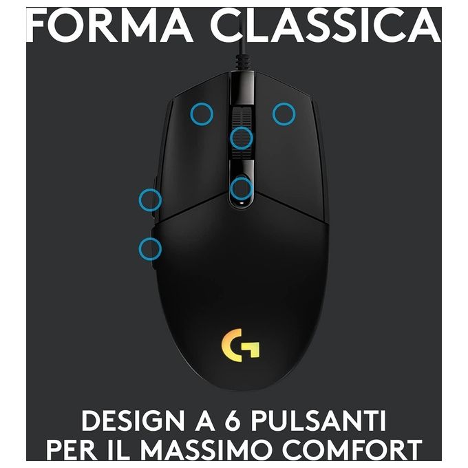 Logitech G203 LIGHTSYNC Mouse Gaming con Illuminazione RGB, Personalizzabile, 6 Pulsanti Programmabili, Sensore per Gaming, Tracciamento a 8.000 DPI, Peso Ridotto - Nero
