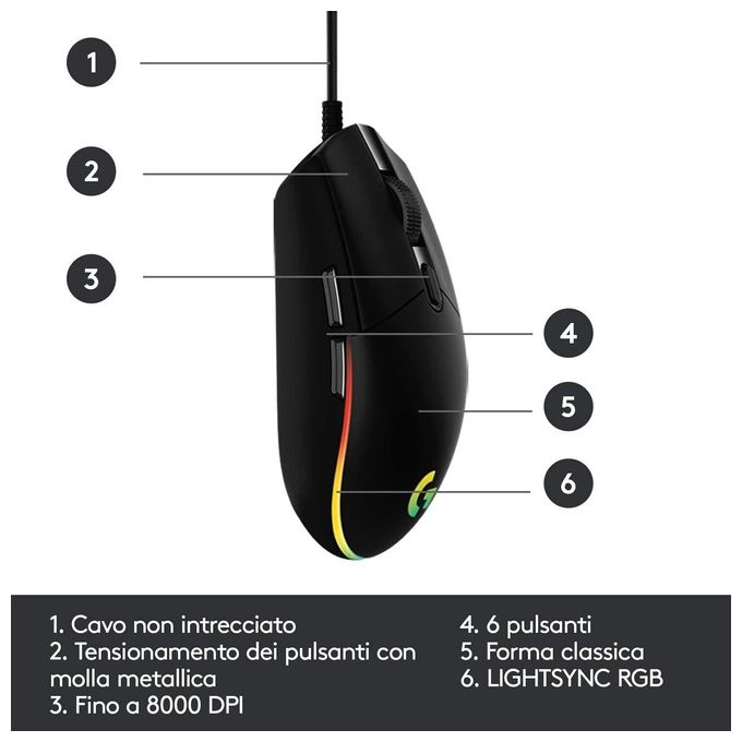 Logitech G203 LIGHTSYNC Mouse Gaming con Illuminazione RGB, Personalizzabile, 6 Pulsanti Programmabili, Sensore per Gaming, Tracciamento a 8.000 DPI, Peso Ridotto - Nero