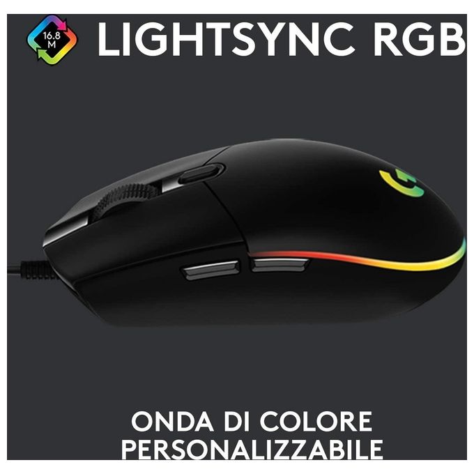 Logitech G203 LIGHTSYNC Mouse Gaming con Illuminazione RGB, Personalizzabile, 6 Pulsanti Programmabili, Sensore per Gaming, Tracciamento a 8.000 DPI, Peso Ridotto - Nero