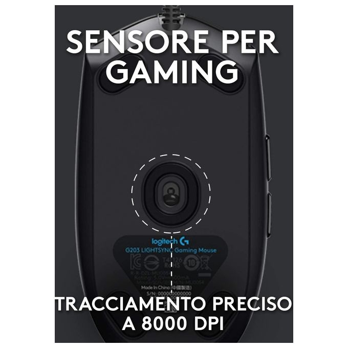 Logitech G203 LIGHTSYNC Mouse Gaming con Illuminazione RGB, Personalizzabile, 6 Pulsanti Programmabili, Sensore per Gaming, Tracciamento a 8.000 DPI, Peso Ridotto - Nero