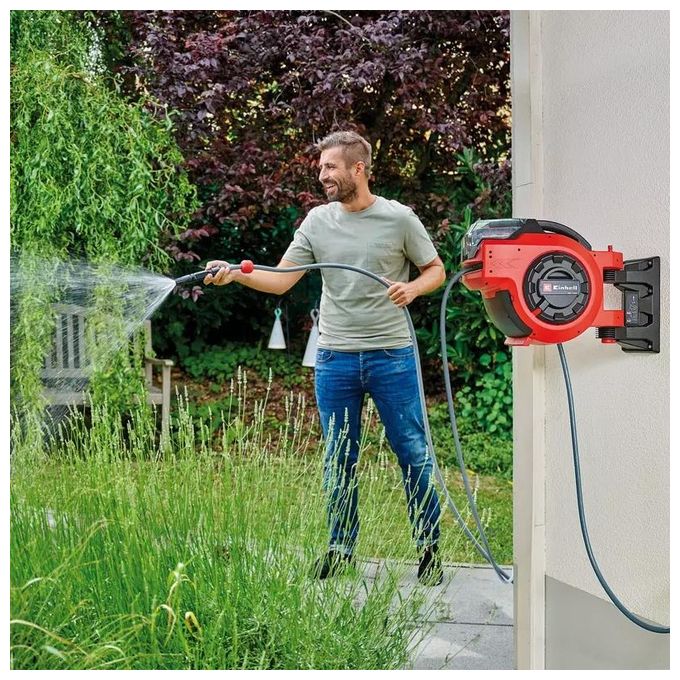 Einhell 4173770 Power X-Change Avvolgitubo Automatico a Batteria 30 m con Tubo e Supporto a Parete colore Nero Rosso