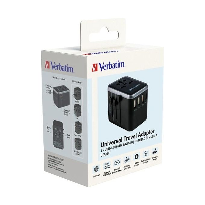 Verbatim Adattatore da Viaggio Universale Uta-04 Ricarica 6 in 1 PD 61W Nero
