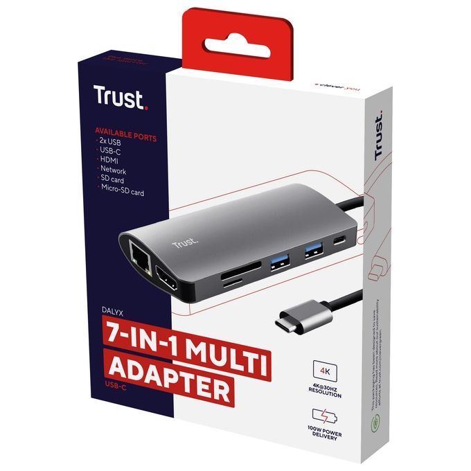 Trust 23775 Dalyx Hub USB-C 7 in 1 HDMI 4K RJ-45 Ethernet USB 3.2 Gen 1 100W Power Delivery colore Alluminio