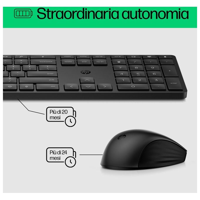 HP 4R013AA Combo tastiera e mouse wireless 650 Full-size 100% Wireless 2.4 GHz 4000 DPI tasti programmabili colore Nero