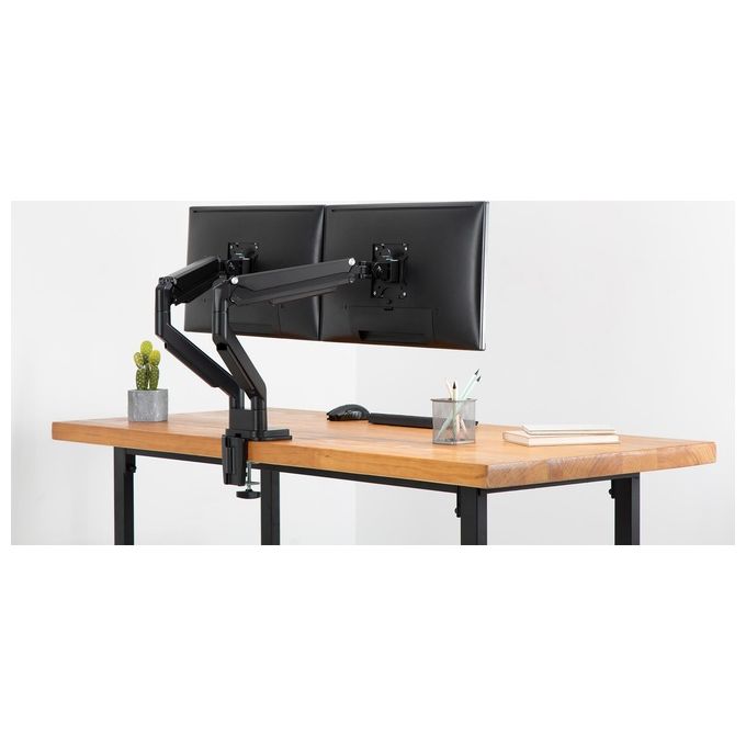 Digitus DA-90395 Supporto per Monitor Doppio per Schermi 15-32 Pollici fino a 9 Kg VESA 75x75 100x100 con Molla a Gas Fissaggio a Morsetto Gestione Cavi colore Nero