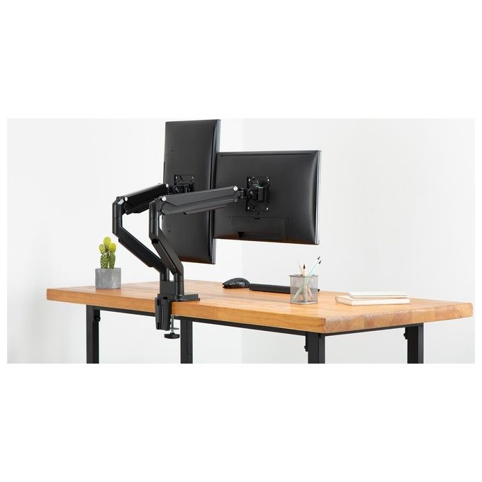 Digitus DA-90395 Supporto per Monitor Doppio per Schermi 15-32 Pollici fino a 9 Kg VESA 75x75 100x100 con Molla a Gas Fissaggio a Morsetto Gestione Cavi colore Nero