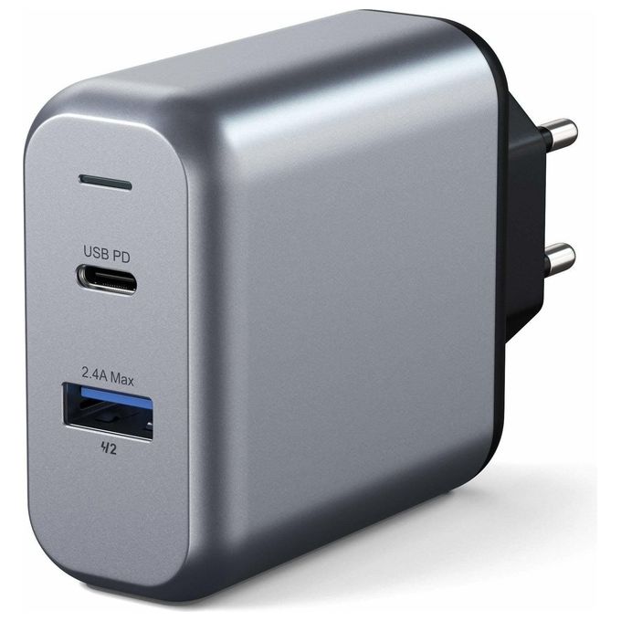 Satechi ST-MCCAM-EU Caricabatterie da Muro Doppia Porta 30W USB-C PD 18W USB-A 12W Ricarica Rapida colore Grigio Spazio