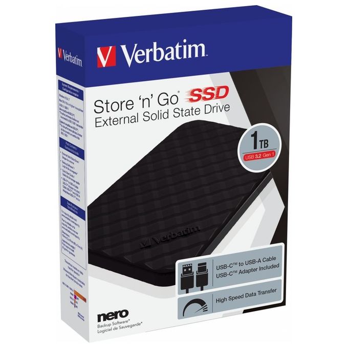Verbatim, SSD Portatile Store 'n' Go, 1 TB, USB 3.2 Gen 1, Nero