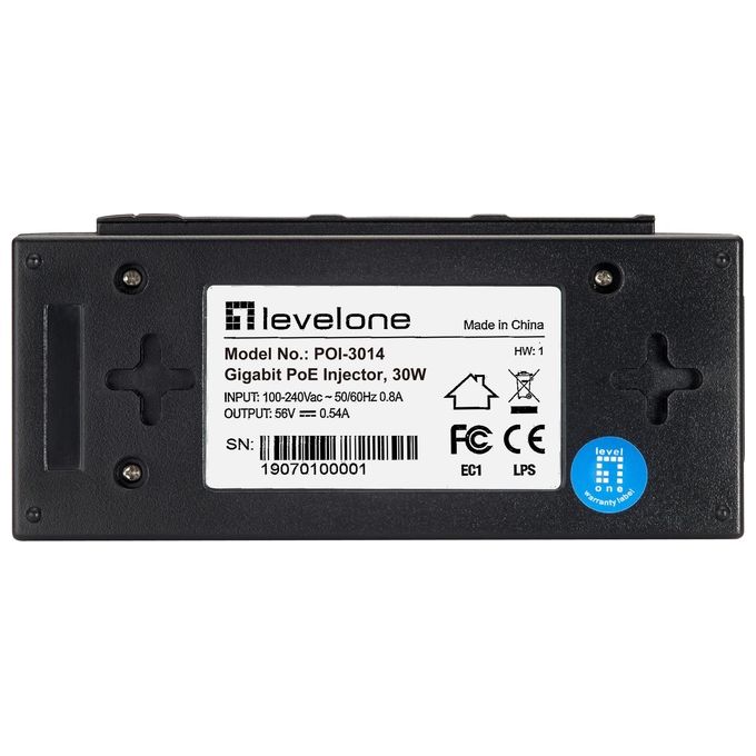 LevelOne POI-3014 Iniettore PoE Gigabit Singola Porta 30W 52V DC Plug and Play Protezione Sovratensione colore Nero