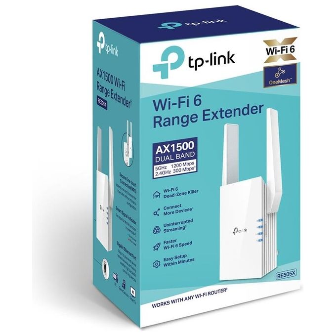 TP-Link RE505X Range Extender Wi-Fi 6 AX1500 OneMesh Dual-band 2.4 GHz 5 GHz Porta Gigabit Ethernet colore Bianco
