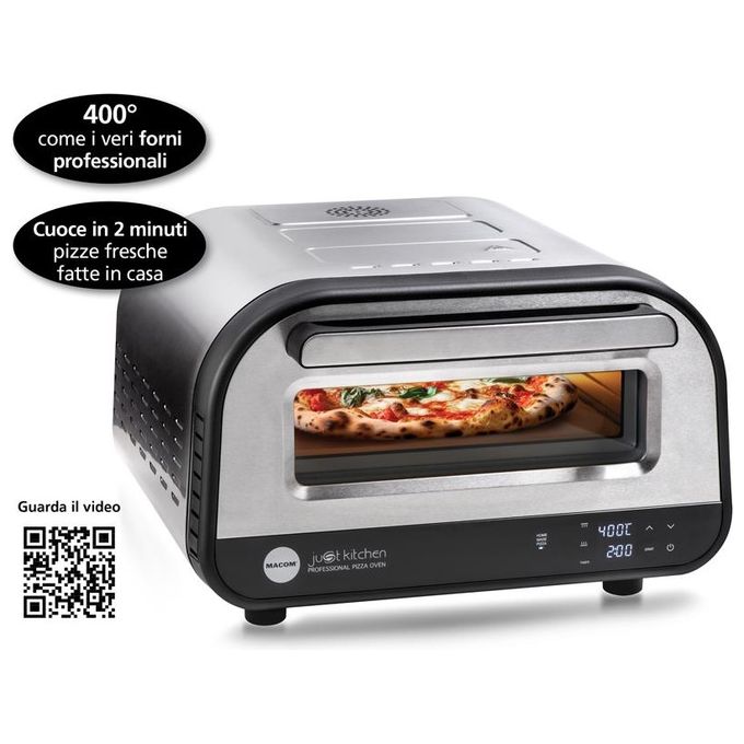 Macom 884 Just Kitchen Forno per Pizza Elettrico Pietra Refrattaria 32 cm 1700W 400°C Timer Digitale colore Nero Inox