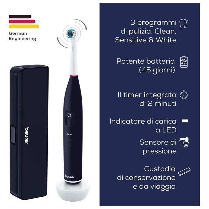 Beurer TB 50 Spazzolino elettrico oscillante 3D 3 modalita' timer 2 min autonomia 45 giorni sensore pressione colore Bianco