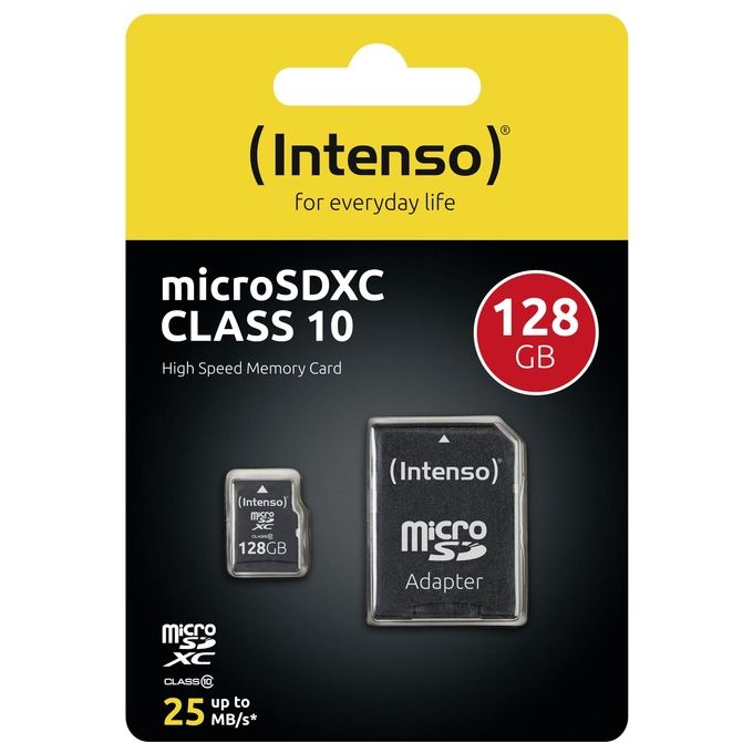 Intenso 3413491 Scheda di Memoria MicroSDXC 128 GB Classe 10 UHS-I con Adattatore SD Velocita' Lettura 40 MB-s Scrittura 10 MB-s colore Nero
