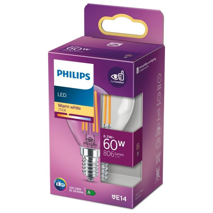 Philips Sfera Lampadina Led 60W e14 Luce Bianco Caldo