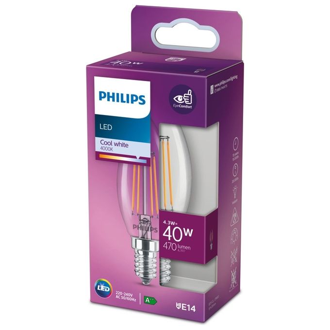 Philips Oliva Lampadina Led 4.3W e14 Luce Bianco Freddo