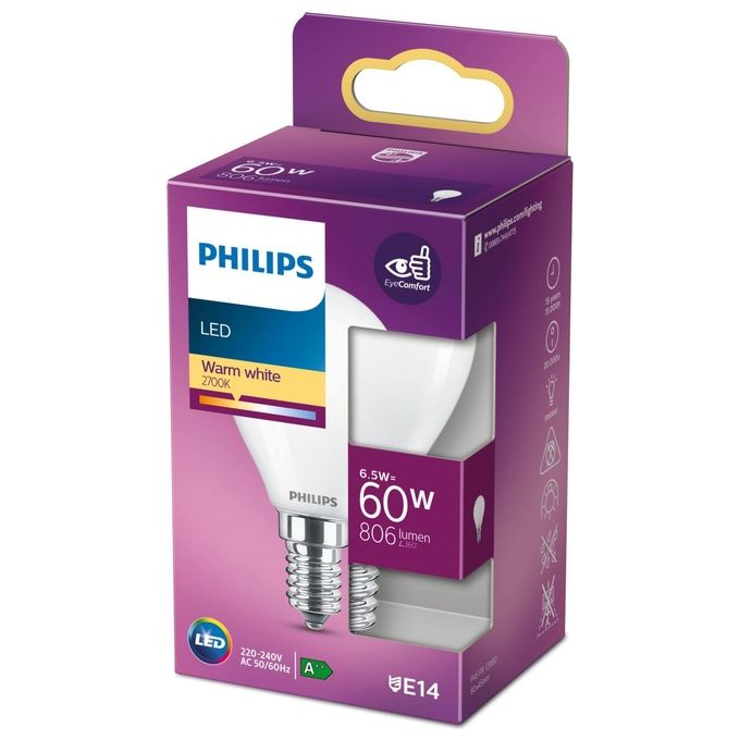Philips Sfera Lampadina Led 60W e14 Luce Bianco Caldo