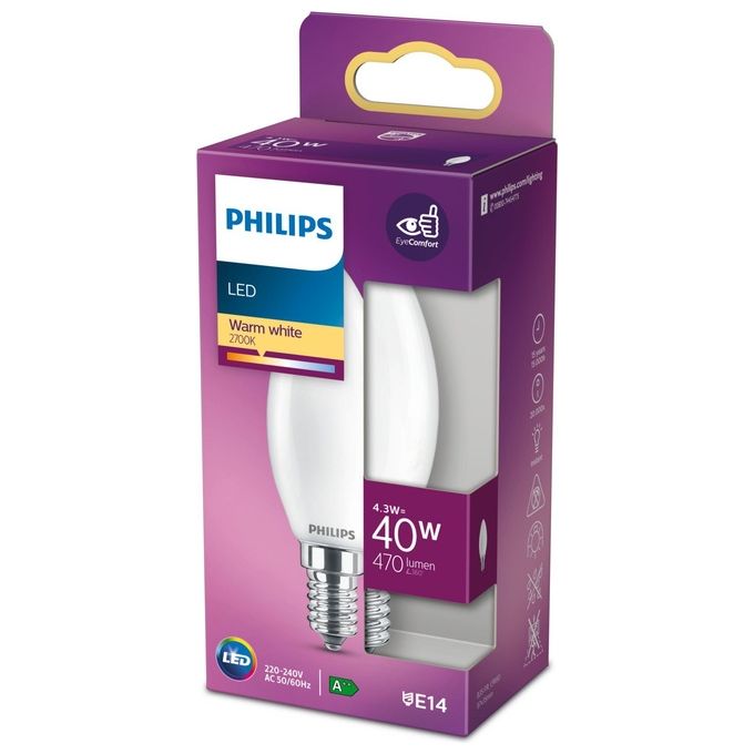 Philips Candela Lampadina Led 40W e14 Luce Bianco Caldo