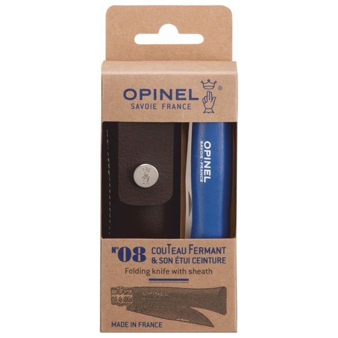 Opinel Coltellino No. 08 con Custodia in Pelle Sintetica Blu