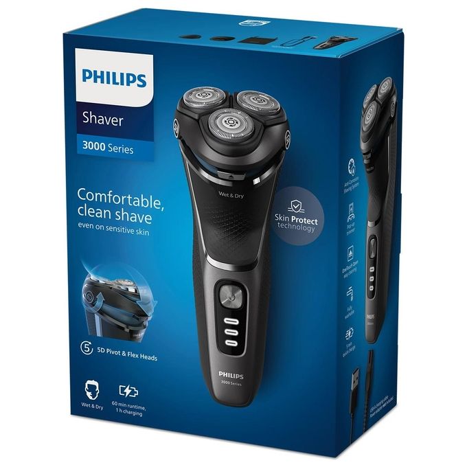 Philips S3343-13 Shaver Serie 3000 Rasoio elettrico rotativo Wet Dry 3 testine autonomia 60 min colore Nero Cromo