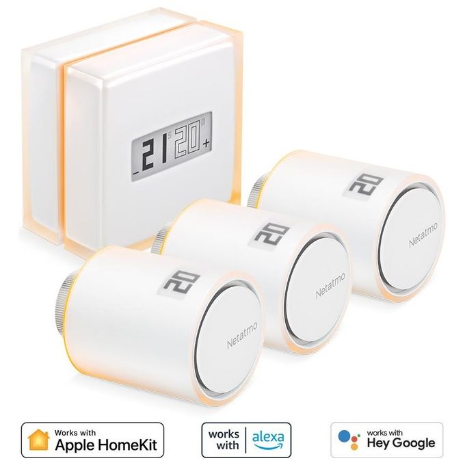 Netatmo NBU-NTH-NAV Kit Termostato Intelligente 3 Valvole Termostatiche Wi-Fi RF Alexa Google HomeKit colore Bianco