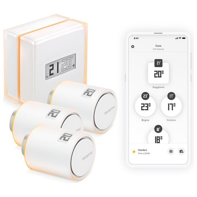 Netatmo NBU-NTH-NAV Kit Termostato Intelligente 3 Valvole Termostatiche Wi-Fi RF Alexa Google HomeKit colore Bianco