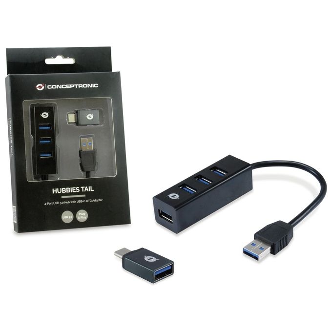 Conceptronic HUBBIES04B Hub di Interfaccia Usb 3.2 Gen 1 Type-A 5000Mbit-s Nero
