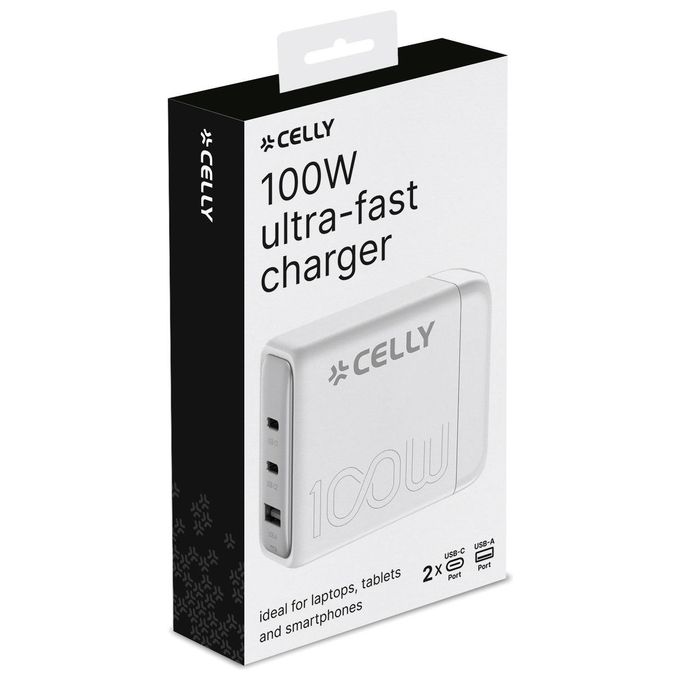 Celly 8021735204527 POWERST Stazione di Ricarica 100W con Tecnologia GaN 2 USB-C 1 USB-A colore Bianco